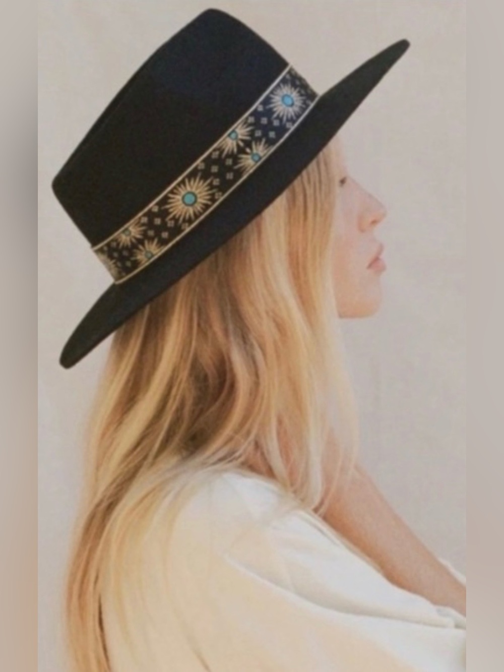 🌄Phoenix Vintage Classic Fedora Black Wool Turquoise & Gold Rising Sun Band NEW